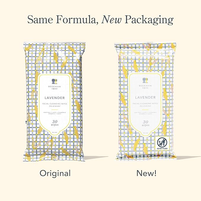 Beekman 1802 Face & Body Wipes, Lavender - Scented - 30 Count - Cleanses - With Goat Milk, Aloe & Vitamin E - Alcohol Free, Biodegradable - Good for Sensitive Skin - Cruelty Free (Packaging May Vary)