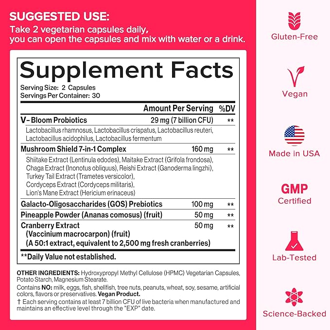 Vaginal Probiotic for Women, PH Balance, Odor, Flora, Immunity with 7B CFU Lactobacillus Probiotics, Prebiotics, 7-in-1 Mushroom Blend, Beta-Glucan, Cranberry, Pineapple, 60 Count