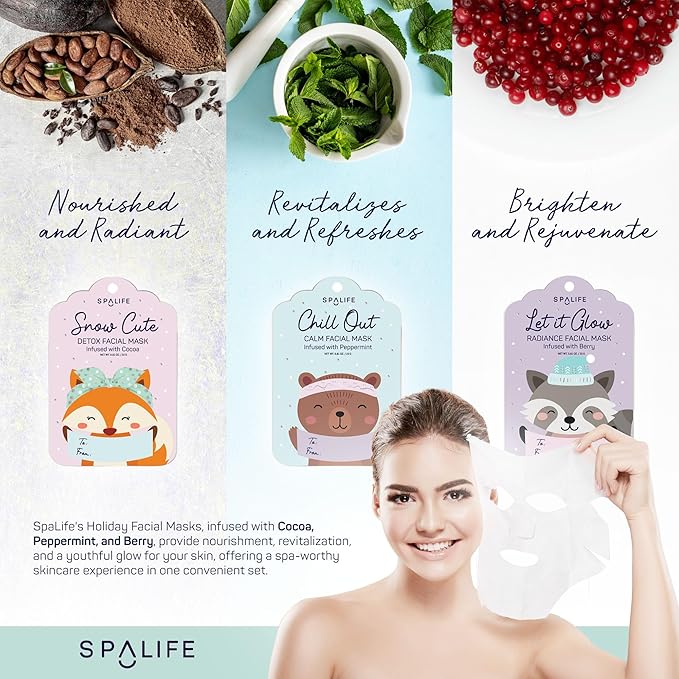 SpaLife Beauty Holiday Gift Tags Christmas Face Mask Bundle | Korean Facial Masks | Hydrating, Tone Evening, Refreshing Christmas Sheet Mask Set | Christmas Gifts for Women | 9 Pack