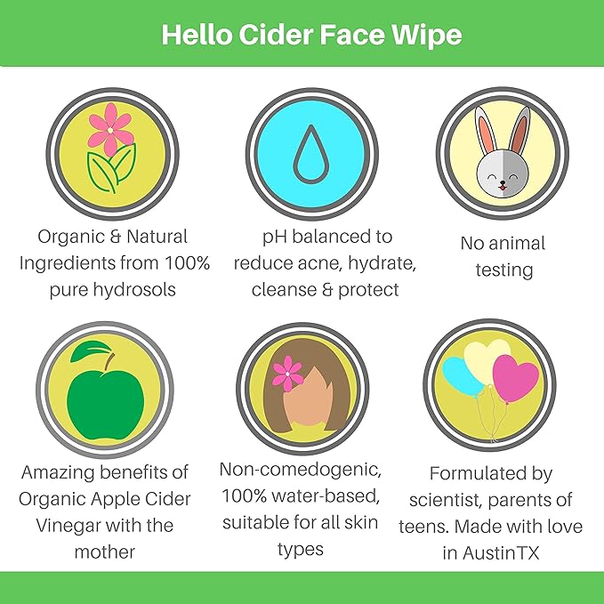 Apple Cider Vinegar Acne Face Wipes-Organic TeaTree, Rose, Chamomile, Witch Hazel.Oil free. Reduce Blemish & Acne. Tone,Restore, Sooth, Balance pH. Dry, Normal, Sensitive Skin. 25ct. USA Hello Cider
