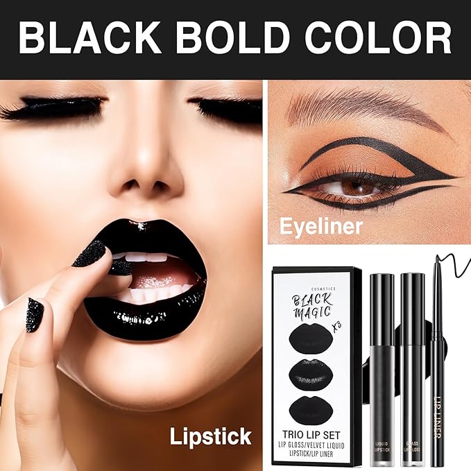 3 in 1 Black Matte Lipstick and Lip Liner Set, Liquid Lipstick Lip Gloss, Smudge Proof, Waterproof and Long Lasting for Halloween Cosplay Goth Makeup