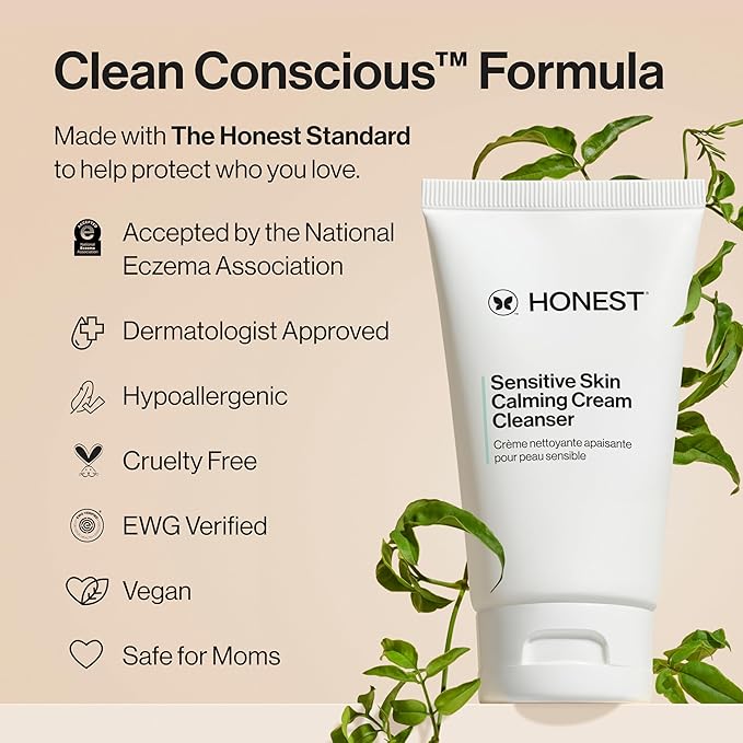 Honest Beauty Sensitive Skin Calming Cream Cleanser | Gently Cleanses, Hydrates, + Calms Skin | Hypoallergenic, Fragrance Free, Vegan | 4 fl oz