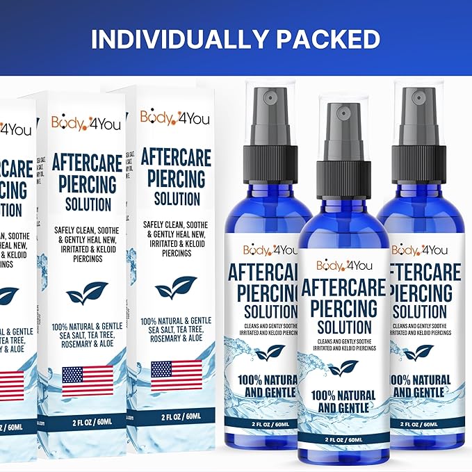 BodyJ4You Piercing Aftercare Spray - Saline Solution Natural Keloid Bump Removal - Ear Piercing Cleaner Nose Septum Belly Button Cartilage - Sea Salt Aloe Vera Rosemary - Fine Mist 3 x 2 Fl Oz