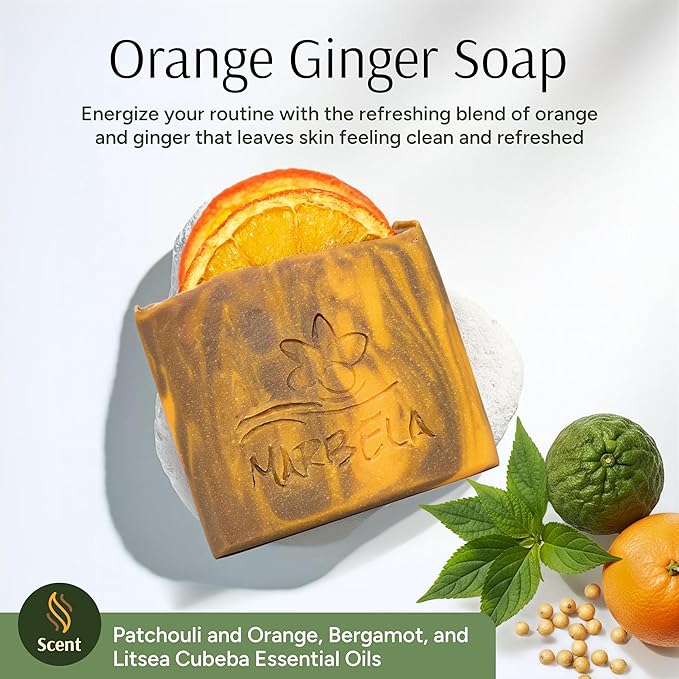Marbela Cosmetics Orange Ginger Handmade Soap Bar - Made in USA, Vegan Friendly, Palm Oil Free, Natural Bar Soap - Gentle Face & Body Soap for Daily Skin Care, Moisturizing & Nourishing - 3.5 oz