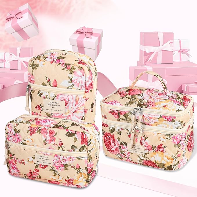 Anfly Makeup Bag, Quilted Cosmetic Bags, Large Floral Make Up Bag, Cute Makeup Bag 3PC Set for Women Girls (Large Flowers)