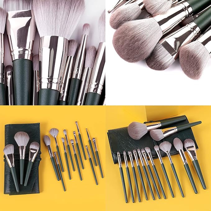 Makeup Brushes With Bag 14PCs Professional Makeup Brush Set，Premium Synthetic Foundation Concealer Powder Blush Eyeshadow Eyebrow Blending Travel Make Up Brushes (Green)