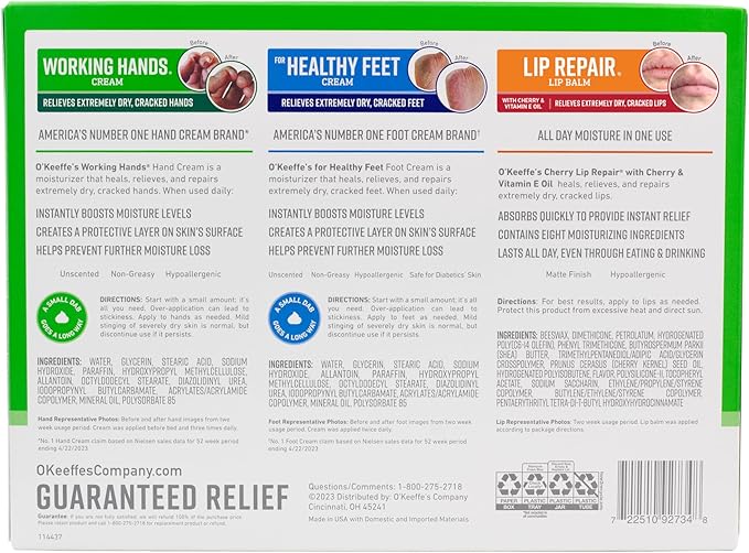 O'Keeffe's Giftbox Including Lip Repair with Cherry and Vitamin E Oil Stick, Working Hands Jar and Healthy Feet Jar, Gift Idea