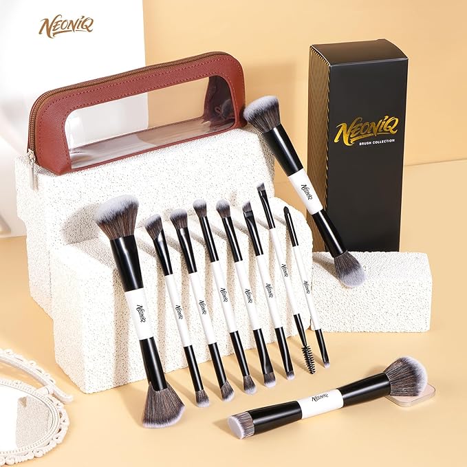 10 PCS Foundation Contour Conceal Brush Set With Bag, Makeup Brushes, Double-End Multi-functional Brushes for Foundation Powder Blush Eyeliner Eyeshadows, Professional Face Brush Set（White）