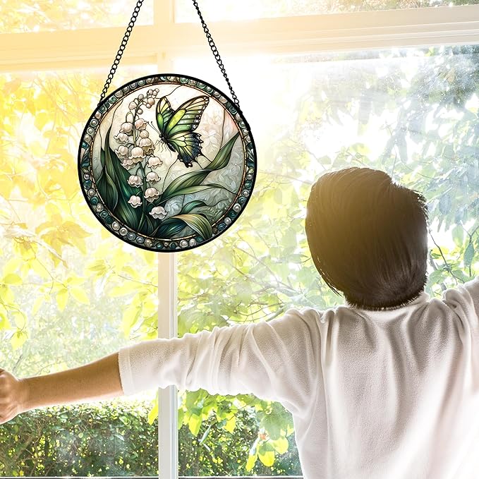 Stained Glass Window Hanging, Lily of The Valley Flower Butterfly Suncatcher for Doors Home Sun Catchers Decoration and Christmas, Mother's Day Birthday Gifts for Women, Men, Mom 6.3 in