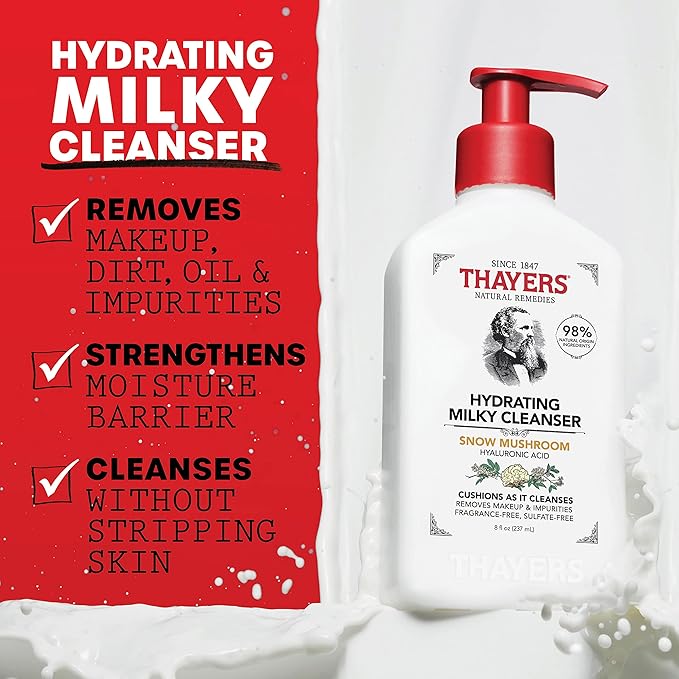 THAYERS Milky Hydrating Face Cleanser with Snow Mushroom, Hyaluronic Acid, Dermatologist Recommended Gentle Facial Wash, Hydrating Skincare for Dry, Sensitive Skin, Paraben Free, 8 FL Oz, Clear