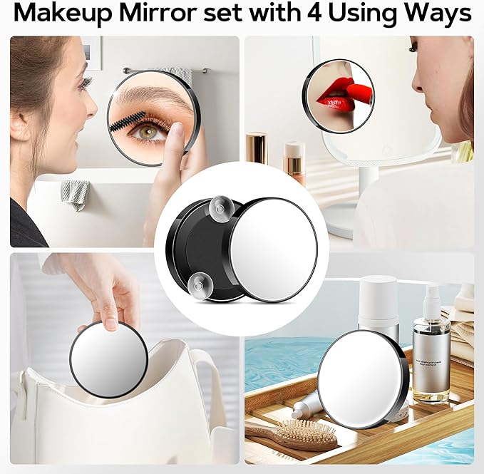 MIYADIVA Magnifying Mirror Set, 10x&20x&30x Suction Cup Makeup Mirror, 2 Tweezers & Storage Bag. 3.5in Compact Mirror for Travel, Bathroom, Home, Gifts for Women