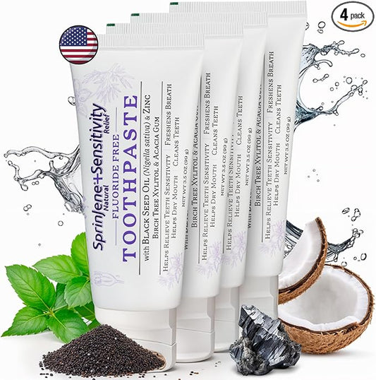 SprinJene Fluoride Free Toothpaste - Patented Natural Toothpaste with Black Seed Oil & Zinc - Made in The USA - Vegan Non Fluoride for Fresh Breath Preservative Free (4 Pack)