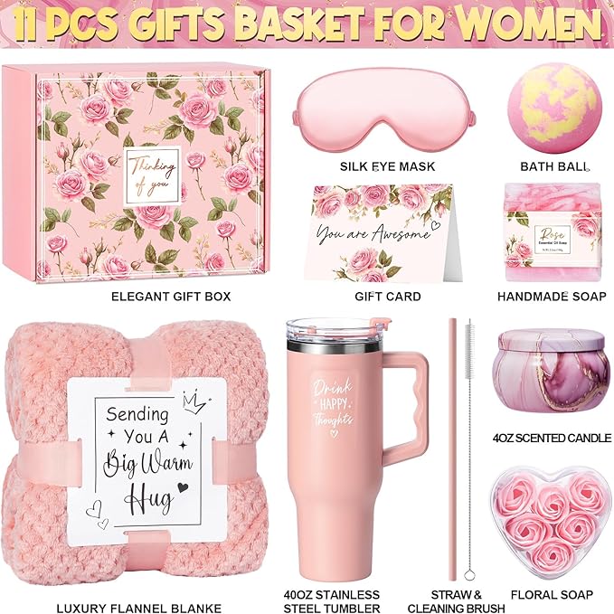 Birthday Gifts for Women Self Care Get Well Soon Gifts, Rose Relaxing Spa Gifts Box Care Package Basket w/ Luxury Flannel Blanket 40 oz Tumbler, Christmas Gifts Set for Mom Her Wife Girlfriend Sister