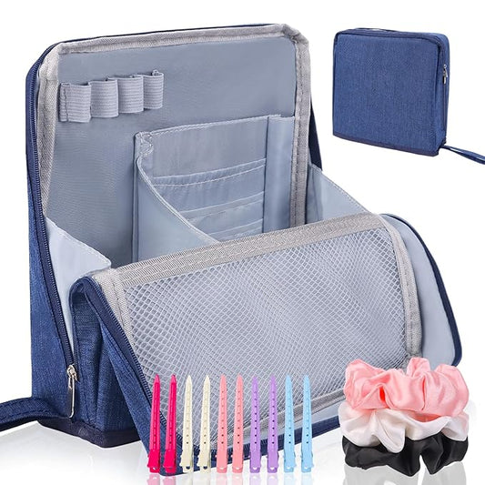 Standing Makeup Bag Gift Set – Large Travel Cosmetic Organizer That Supports Mirror or Phone – Includes 3 Silk Scrunchies & 10 Duckbill Hair Clips – Great Gift for Women & Girls (NAVY BLUE)