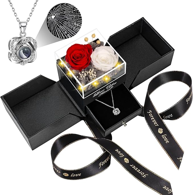 2 Preserved Real Rose with Heart I Love You Necklace- Eternal Rose Birthday Gifts for Women Wife Girlfriend Her Mom Grandma on Festivals Gifts Christmas Valentines Mothers Day Anniversary-Red White