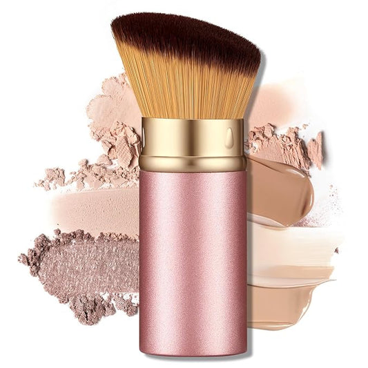 Retractable Kabuki Makeup Brush - Portable Travel Face Brush with Cover, Soft Synthetic Bristles for Blush, Bronzer, Powder, Foundation & Sunscreen, Flawless Application On-the-Go (Rose gold)