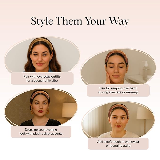 Kitsch Velvet & Satin Headbands for Women - Non Slip, Soft and Lightweight - Stylish Headbands for Girls with Chic Neutral Shades | Ideal Gifts for Women - Cream & Camel, 2pc Set