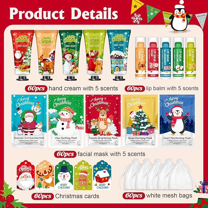 60 Pack Christmas Hand Cream, Facial Mask and Lip Balm Set, Christmas Stocking Stuffers for Women, Bulk Christmas Gifts for Coworkers, Christmas Party Supplies, Party Favors and Christmas Decorations