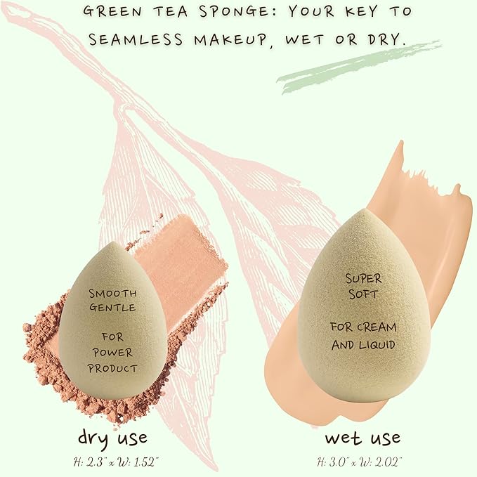 Green Tea Beauty Sponge - Plant-Based, Eco-Friendly, Cruelty-Free, Dye-Free & Latex-Free Blender, Biodegradable & Vegan Makeup Sponge, Makeup Blender, Perfect for Liquid & Powder (1 Count)