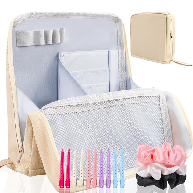 Standing Makeup Bag Gift Set – Large Travel Cosmetic Organizer That Supports Mirror or Phone – Includes 3 Silk Scrunchies & 10 Duckbill Hair Clips – Great Gift for Women & Girls (BEIGE)