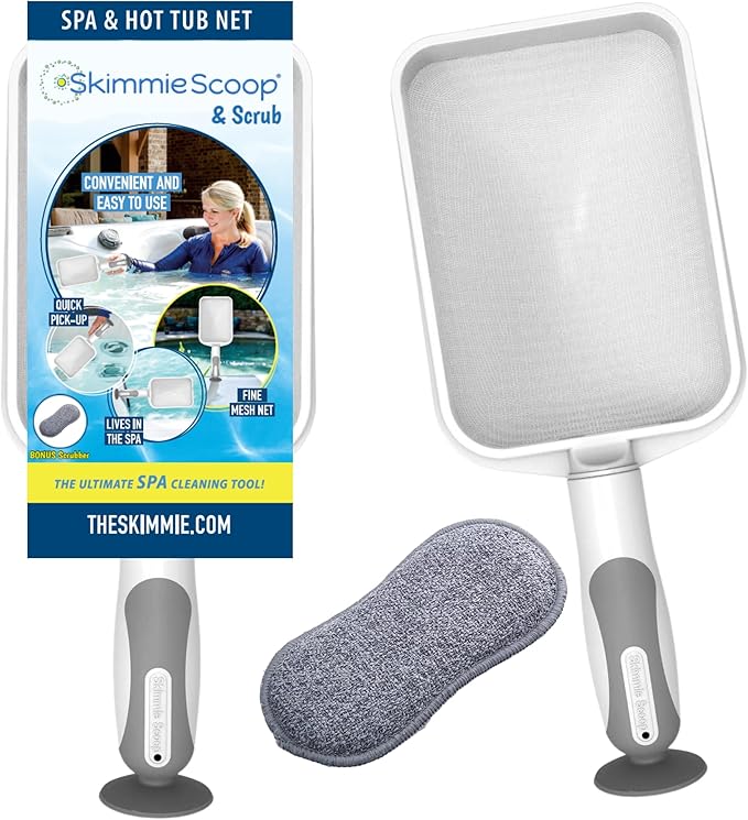 The Skimmie Scoop - Patented Handheld Skimmer with Fine Mesh Net for Spa, Hot Tub, Cold Plunge and Small Pool Cleaning - Lightweight and Durable with Powerful Suction Cup - Clean Out Filter (White)