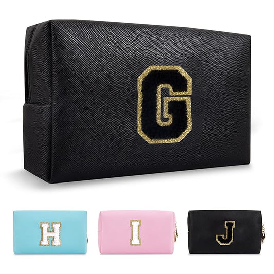 Personalized Initial A-Z Preppy Patch Makeup Bag,Small PU Chenille Letter Cosmetic Bag with Zipper for Teen Girls,Black Cute Toiletry Organizer Bag,Monogram Makeup Case Gift for Women Girls,Letter G