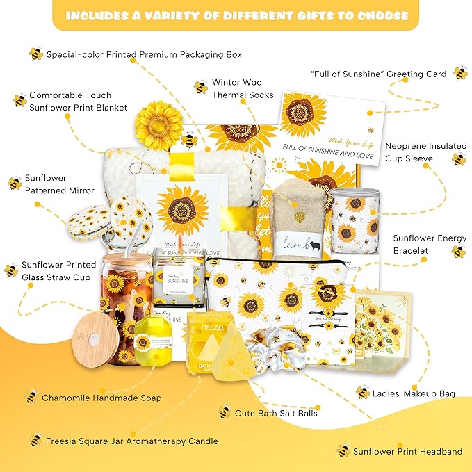 Sunflower Gift Baskets for Women, Sending Sunshine Unique Birthday Cheer Up Box Self Care Package, Get Well Soon Spa Gifts Set Box w/Blanket- Thinking of You Gift for Her, Girls, Women, Sister, Mom