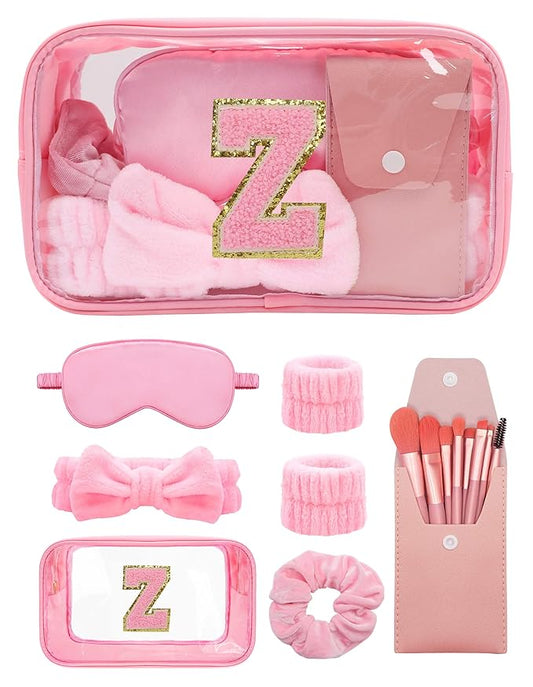 Gift Sets for Women, Initial Makeup Bag with Makeup Brush Set Bachelorette Party Favors, Pink Spa Kit with Skincare Headbands Wrist Bands Sleepover Party Supplies Gifts for Teen Girls Bridesmaid Z
