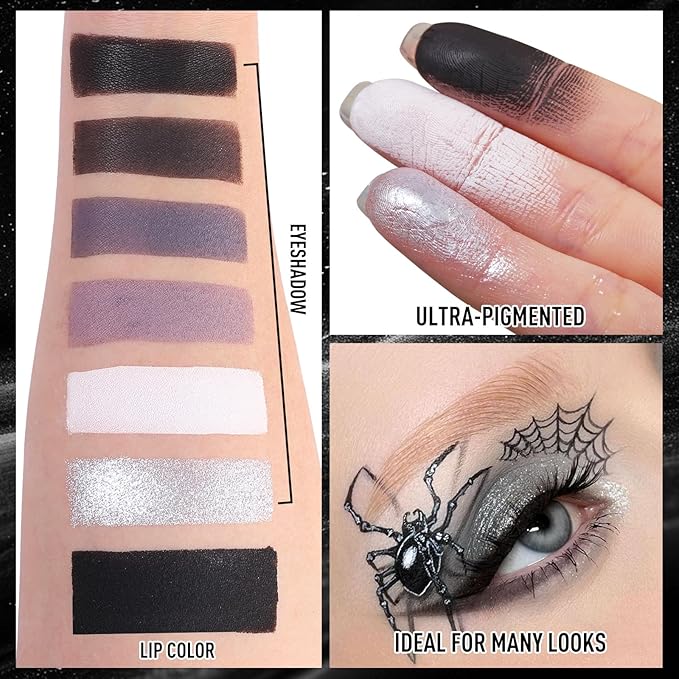BOBISUKA Eyeshadow + Lipstick Makeup Kit, 6 Colors Dark Black White Silver Gray Shimmer Matte Metallic Smokey Eye Shadow Pallet with Black Matte Liquid Lipstick Makeup Set for Halloween