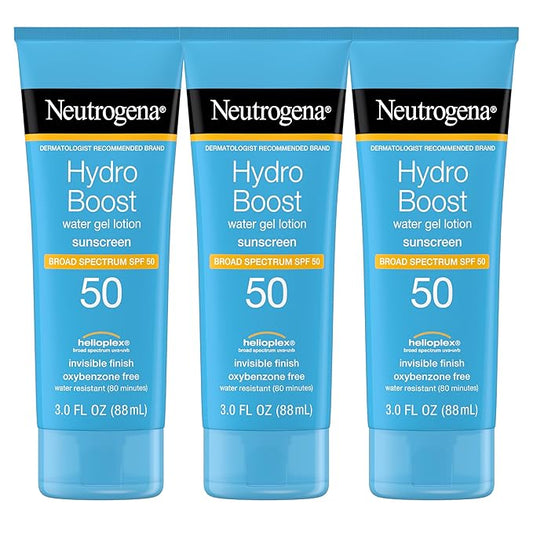 Neutrogena Hydro Boost Moisturizing Water Gel Sunscreen Lotion with Broad Spectrum SPF 50, Water-Resistant & Non-Greasy Hydrating Sunscreen Lotion, Oil-Free, 3 fl. oz, 3 Pack