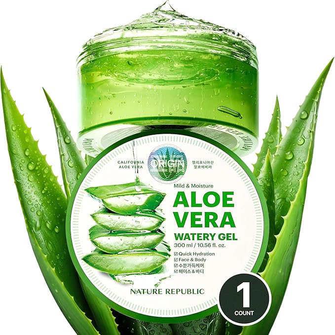 Nature Republic MILD & MOISTURE ALOE VERA WATERY GEL (1 PCS) Quick Hydration & Moisturizing,fast absorbing non-sticky texture,korean skin care for Face,Hair,Sunburn relief, aftershave, all Skin Types