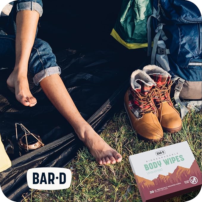 Bar-D Cleansing Face & Body Wipes for Women and Men - Individually Wrapped Biodegradable Shower Wipes, 12x12 Inch, Pack of 20 (20 Count/Box), Unscented