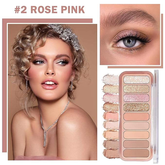 9 Colors Matte Naked Eyeshadow Palette Natural Nude Shimmer Glitter Eyeshadow Palette Ultra-Blendable Highly Pigmented Eye Shadow Makeup Palette with Brush-02 Rose Pink