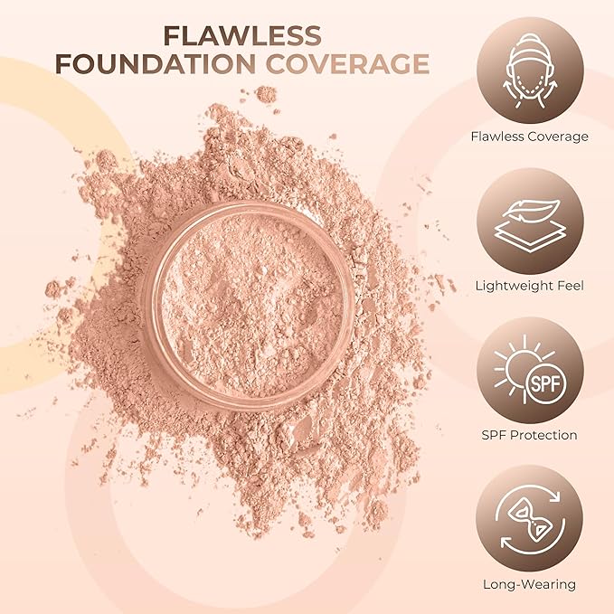 4pc Full Size Kit (Light Tan) Mineral Makeup Matte Translucent Loose Foundation + Kabuki Brush + Concealer + Finishing Setting Powder + Bare Face Full Coverage SPF 30 All Skin Types Waterproof