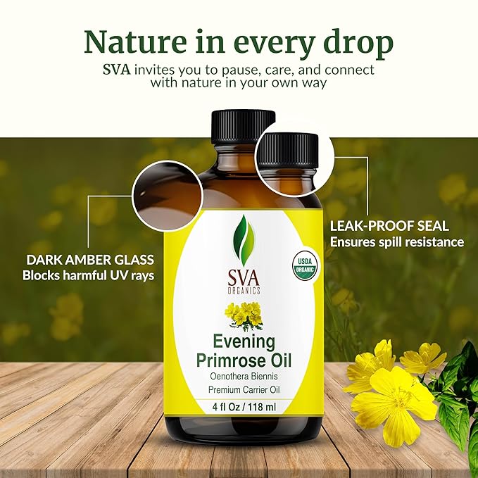 SVA Evening Primrose Oil Organic - 4 Fl Oz – 100% Natural Cold Pressed Organic Evening Primrose Oil - for Face, Skin Care, Hair Care, Scalp Massage & Body Massage – Carrier Oil with Dropper