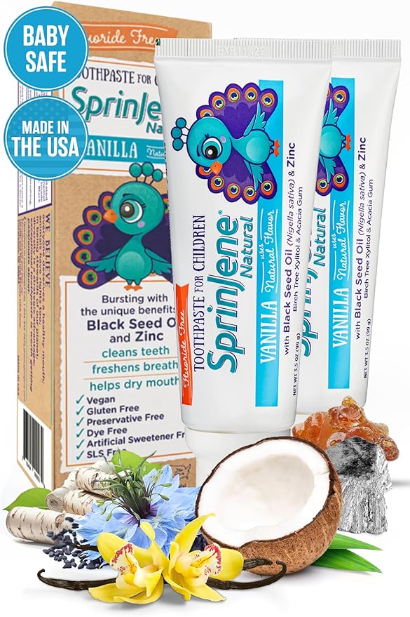SprinJene Natural Children’s Toothpaste – Fluoride Free Vanilla Toothpaste for Toddlers & Kids – Gentle Safe Natural Formula with Patented Black Seed Oil & Zinc – Made in The USA (2 Pack)