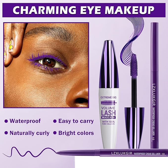 Purple Mascara and Eyeliner Set,5D Colored Volume and Length Waterproof,Purple Mascara for Eyelashes,Natural Lengthening Curling,Suitable for Women