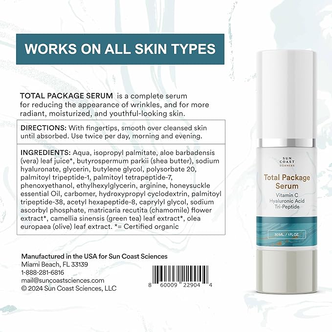 Sun Coast Sciences - Total Package Serum, All-In-One Vitamin C, Hyaluronic Acid, Anti-Aging Facial Super Serum for Wrinkles, Age Spots - 1 fl oz (Pack of 2)