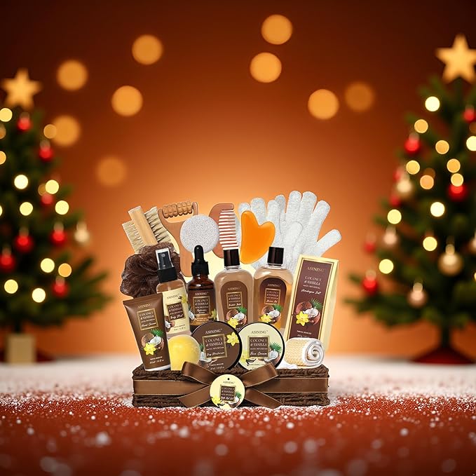 Spa Basket for Women, Coconut Vanilla Bath & Body Set, Christmas & Birthday Gift, Unique Gift with Bath Bombs, Body Lotion, Spa Bath Sets for men Gift Home Spa Set Luxurious Bath Gift & More
