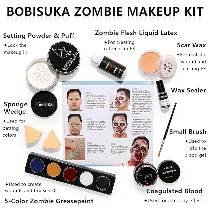 Halloween Zombie Makeup, Complete Zombie SFX Makeup Kit Set with Face Paint, Liquid Latex, Scar Wax & Fake Blood for Special Effects Make Up, Costume Cosplay Stage & Movie