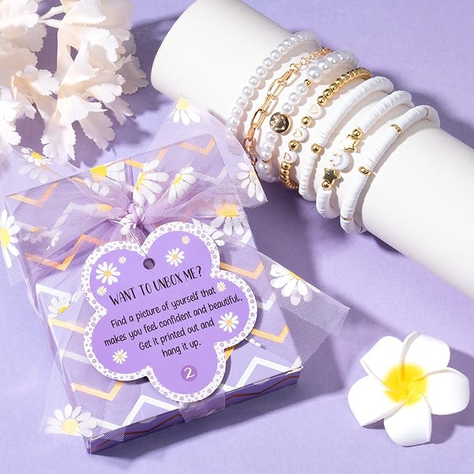 Birthday Gifts for Tween Teen Girls - 8 PCS Gifts Basket Teen Girl Gifts Trendy Stuff Girls Fun Empower Gift Box w/Task Tags Make up Brushes Makeup Bag, Graduation Gifts Idea for Her Niece Daughter