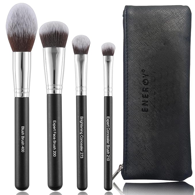 ENERGY Makeup Brush Set Premium Foundation,Bronzer,Blush,Concealer,Eyeshadow Contour with Liquid Cream Powders Blending Highlighting Buffing Professional Essential Face Brushes with Travel Case 4PCS