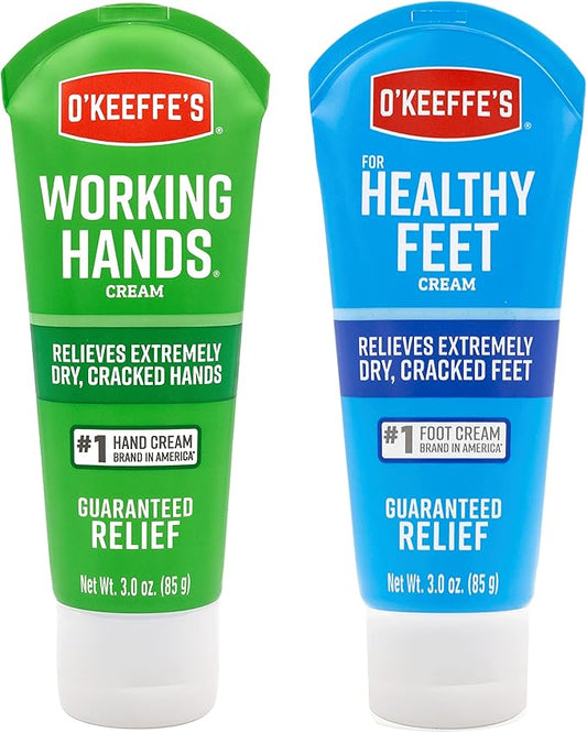 O'Keeffe's Working Hands Hand Cream (3 oz Tube) and Healthy Feet Foot Cream (3 oz Tube) - Repairing Skincare for Extremely Dry, Cracked Hands and Feet, Travel Size