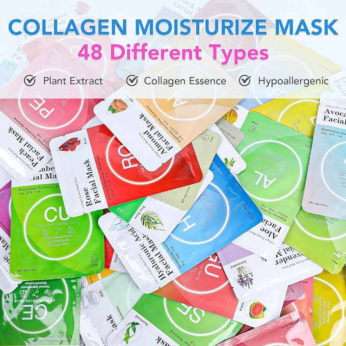 VESPRO Collagen Essence Sheet Facial Masks (48 Pack), Bulk Sheet Masks for Face, Skincare for All Skin Types, Moisturizing and Soothing, Natural Skin Care Spa Face Mask