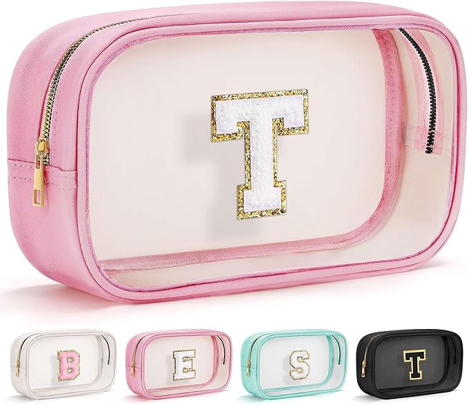 YOOLIFE Travel Toiletry Bag for Women, Pink Clear Makeup Bag Cute Make Up Bag for Women Cosmetic Bags Skin Care Makeup Bag Organizer Birthday Gifts for Women Teacher Mother Girlfriend Initial T