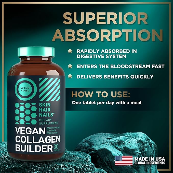 Vegan Collagen Booster Tablets - Cruelty-Free Vegan Collagen Supplements - Biotin, Organic Superfood, Plant Based Collagen Vitamins for Skin, Hair, Nails - 2-Pack, 60 Vegeterian Collagen Boost Pills