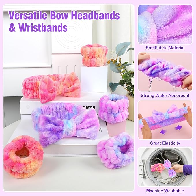 Spa Headbands for Women with Wristband Set: Facial Makeup Headbands for Girls & Teens - Soft Coral Fleece Elastic Hair Wraps with Wrist Accessories for Washing Face Shower Bath Beauty Skincare Gifts