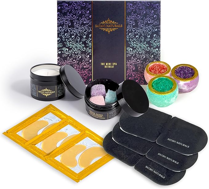 The Mini Spa Retreat – Home Spa Kit with 24K Gold Eye Masks, Bath Bombs, Sugar Scrubs, Candle & Steam Eye Mask – Relaxation & Self-Care Gift Set for Women (The Mini Spa Retreat)