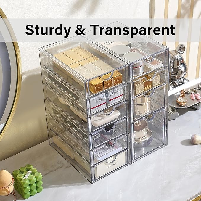 Prsildan Acrylic Drawer Makeup Organizer with 10 Drawers, Set of 2 Office Desk Organizers Accessories, Clear Stackable Storage Drawers for Vanity, Countertop, Craft, Jewelry, Art Supply Organization