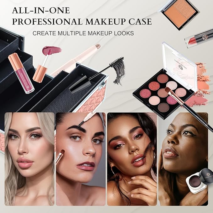 Color Nymph Professional Makeup Set for Teens, Girls & Women - Full Kit with Storage Train Case, Beginner Cosmetics Kit with Eyeshadow, Blush, Lipstick, Lipgloss, Mascara & Tools - Pink